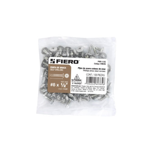Bolsa (100 UNI) Tornillo TablaYeso 8X1/2 P/ Broca Cabeza Cruz FIERO ( 44645 )