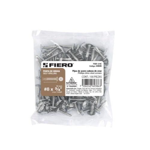 Bolsa (100 UNI) Tornillo TablaYeso 8X3/4 P/ Broca Cabeza Cruz FIERO ( 44646 )
