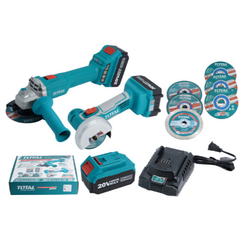 Combo de esmeriladora de 4 1/2 pulgadas y esmeriladora inalámbrica de 3 pulgadas a 20V marca Total con batería y cargador, disponible en El Arenal Guatemala