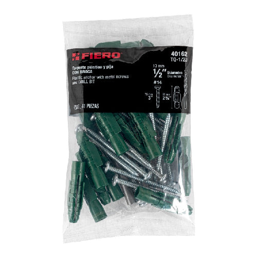 Kit De 20 Tarugos 1/2 C/Tornillos #14 Y 1 Broca 1/2 (40162) Fiero